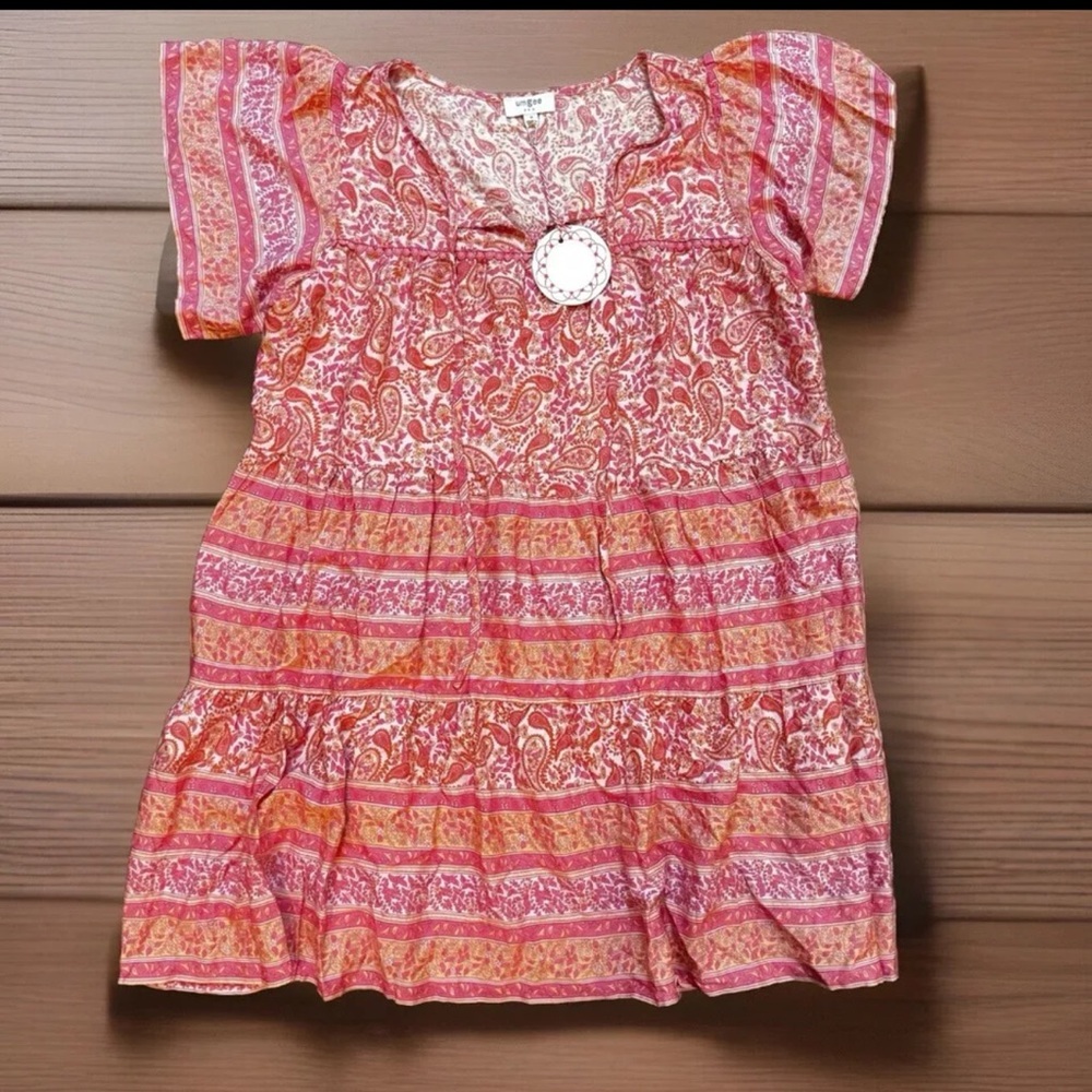 UMGEE Dress Womens Medium Red Pink Floral Paisley Layered Flutter Sleeved Tunic